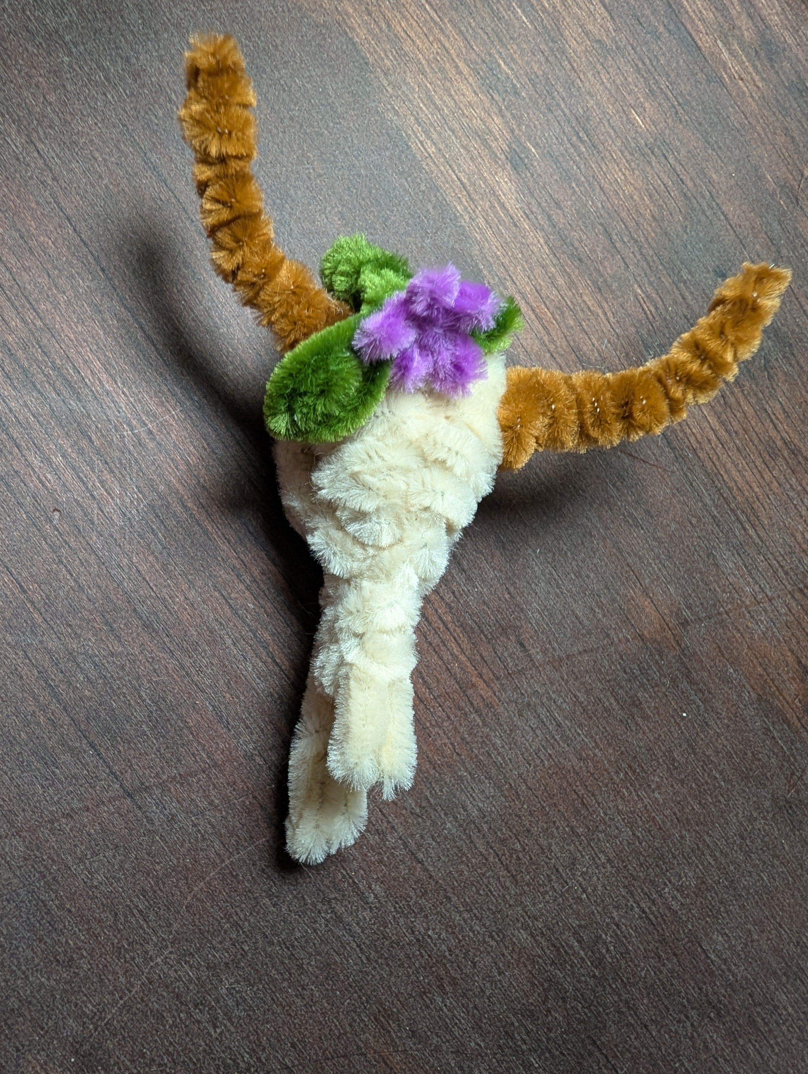 🌿 Handmade Pipe Cleaner Longhorn Skull with Floral Crown — One of a Kind